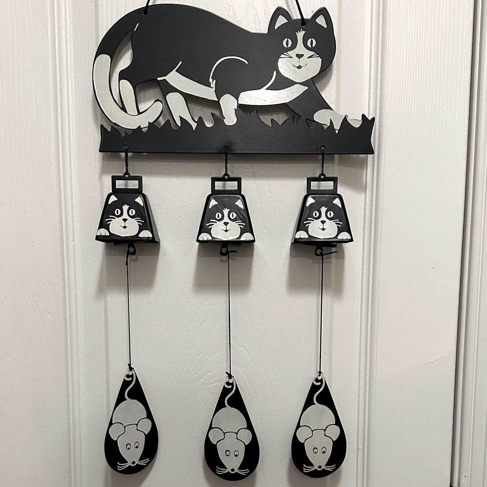 Vintage 1990’s Black & White Cat Bell Metal Windchime